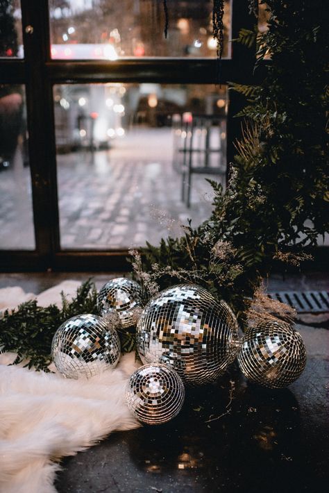 Winter Industrial Wedding, Modern Winter Wedding Decor, Winter Wedding Disco Balls, Disco Ball Winter Wedding, Metallic Winter Wedding, Winter Holiday Party Decor, Rustic New Years Eve Wedding, Moody Gatsby Wedding, New Years Eve Wedding Bridal Party