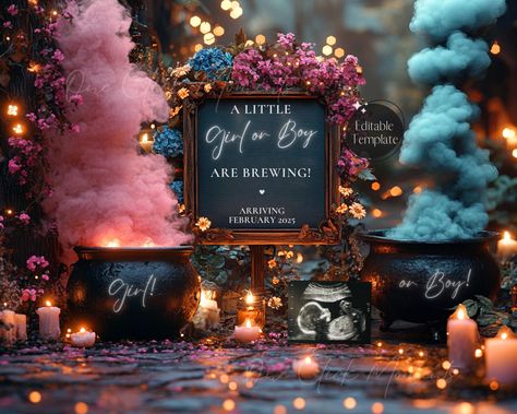 Pink or Blue Smoke Gender Reveal, Little Baby Brewing, Editable Gender Neutral Halloween Pregnancy Announcment, Magical Cauldron Baby Reveal Gender Reveal Ideas With Smokers, Cauldron Gender Reveal, Witch Gender Reveal, Halloween Gender Reveal Ideas, Neutral Halloween, Halloween Gender Reveal, Halloween Pregnancy Announcement, Gender Reveal Themes, Gender Reveal Ideas