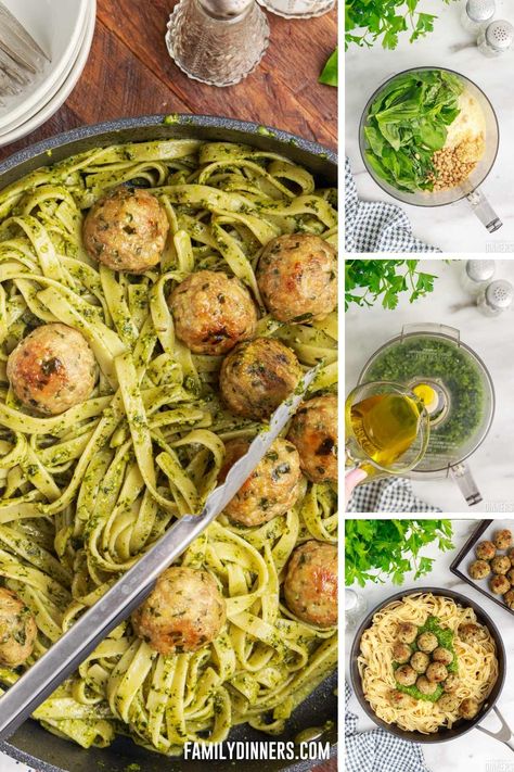 Make this easy homemade pesto fettuccine and add your favorite meatballs. This is a 30 minute recipe. Great for weeknight meals or family meals. Ingredients include basil, parmesan, pine nuts, olive oil, garlic, fettuccine, meatballs and spices. This basil pesto has instructions for making spinach pesto as well. Garlic Fettuccine, Pesto Meatballs, Spinach Pesto Pasta, Frozen Meatball Recipes, Best Marinara Sauce, Basil Pesto Pasta, Thick Crust Pizza, Pesto Pasta Recipe, Spinach Pesto