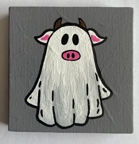 "3\"x3\" Hand Painted  Halloween Cow Ghost Canvas Painting This small ghost painting is the perfect addition to your fall/Halloween decor.  Hand painted on a 3\"x3\" canvas with acrylic paint, each painting is one of a kind.  A great gift for a friend or family member or perfect just for you!" Ghost Cow Painting, Cauldron Painting Ideas, Ghost Canvas Painting, Painting For A Friend, Cow Ghost, Ghost Halloween Decor, Halloween Canvas Paintings, Art Mini Toile, Halloween Canvas Art