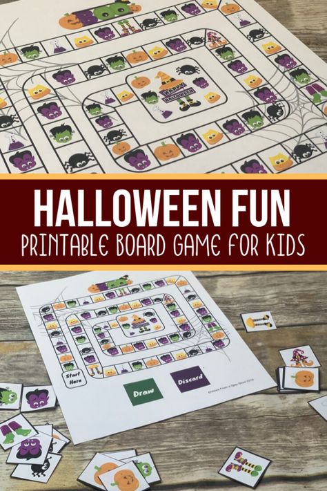 A fun free printable Halloween board game that kids will love to play. Draw a card and move to the space. Race to the middle of the game board! #halloweengames #kidsactivities #freeprintables #printableboardgames #viewsfromastepstool Halloween Board Games Free Printable, Board Games Printable, Halloween Card Games, Prek Math Games, Halloween Board Games, Halloween Board Game, Life Size Games, Preschool Board Games, Bored Games