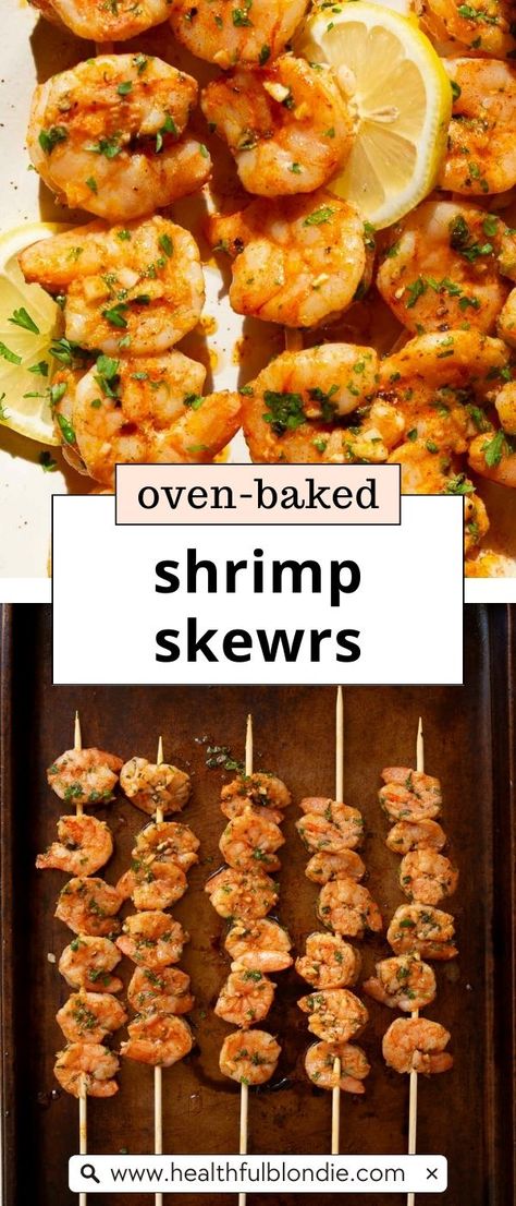 These quick and easy oven-baked shrimp skewers are juicy, full of flavorful, and marinated in a simple lemon-garlic and herb dressing. The shrimp cook in minutes and make for the perfect weeknight dinner! Shrimp Skewer Recipes Oven, Shrimp And Kielbasa Skewers, Shrimp Kebabs In The Oven, Shrimp Recipes In Oven, Shrimp Squers Recipes, Shrimp Marinade For Grill Skewers, Shrimp Kabobs In The Oven, Shrimp Skewers In Oven, Shrimp Skewers Marinade