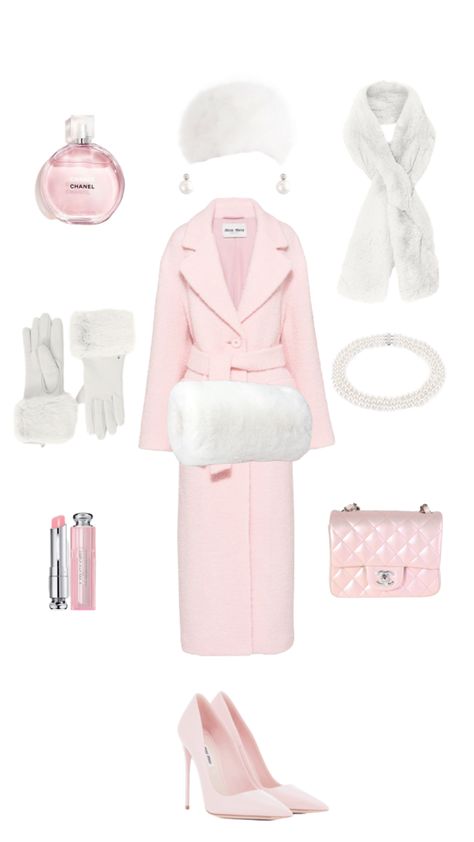 Chanel Outfit Winter, Hyperfeminine Outfit Winter, Girly Winter Outfits Pink, Barbie Winter Outfits, Chanel Winter Outfits, Fashion Outfits Girly, Pink Christmas Outfits, Coquette Winter Outfits, Chanel Outfit Aesthetic