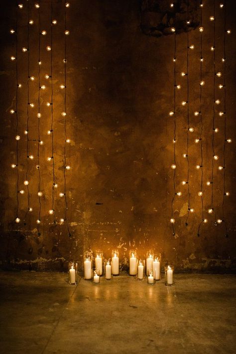 Absolutely stunning wedding ceremony decor. Gorgeous candles & romantic lighting | Jenn & Dave Stark Photography/Design by Melissa Andre Events Candlelight Wedding Ceremony, Candle Lit Wedding, Light Backdrop, Loft Wedding, Warehouse Wedding, Wedding Ceremony Backdrop, Festoon Lighting, Ceremony Backdrop, Wedding Background