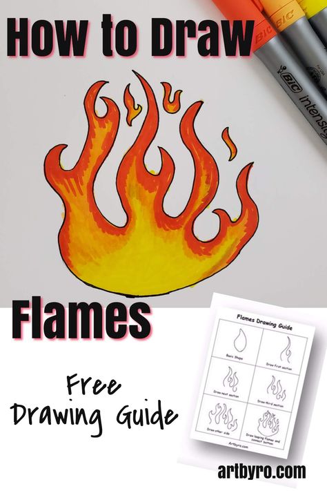 Learn how to draw flames, step by step with pictures. Easy beginner art lesson for all ages. Free printable drawing guide. #freebie #drawing Flame Drawing Easy, Twin Flame Drawing, Draw Flames, Flame Drawing, Drawing Flames, Flame Picture, Easy Drawings For Beginners, Drawing Lesson, Flame Art