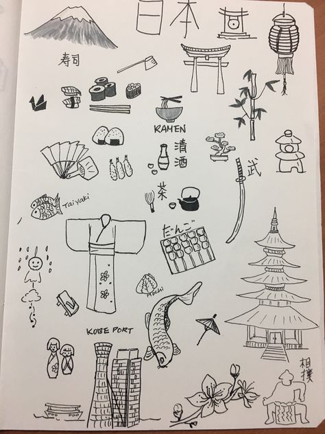 Japan Doodle Japanese Art Doodle, Easy Things To Draw In Journal, Cute Japanese Drawings Easy, Japanese Art Easy To Draw, Japanese Doodles Aesthetic, Japan Drawing Ideas, Japan Easy Drawing, Japan Doodle Art, Asian Doodles Art