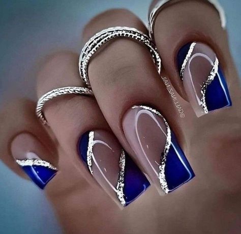 Get Ready for Spring with These Stunning Nail Ideas | Spring Nails 20024 Navy And Silver Nails, Blue Gold Nails, Royal Blue Nails Designs, Blue Wedding Nails, Blue Prom Nails, Blue And Silver Nails, Blue Nail Art Designs, Silver Nail Designs, Blue And White Nails