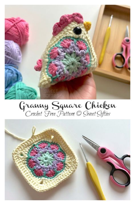 Granny Square Chicken Crochet Free Pattern Crochet Bird Granny Square, Crochet Granny Square Chickens, Granny Square Animals Free Pattern, Crochet Chicken Granny Square, Crochet Granny Square Chicken, Granny Square Chicken Free Pattern, Chicken Granny Square Crochet Pattern, Granny Square Chicken Pattern, Granny Square Chicken