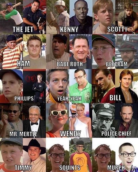 The sandlot cast. Then and Now Sandlot Characters, Sandlot Cast, Sandlot Quotes, Baseball Jokes, The Sandlot Kids, 80s Films, Benny The Jet Rodriguez, Mike Vitar, Killing Me Smalls