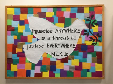 Social Justice Bulletin Board Bulletin Board For Principal Office, Mlk Day Bulletin Board, Social Justice Ra Bulletin Board, Social Justice Classroom Decor, Social Justice Bulletin Board Ideas, Peacemaker Poster, Middle School Bulletin Board Ideas, Middle School Bulletin Board, Office Door Decorations