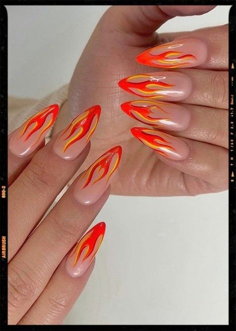 Neon Orange Flame Nails, Two Tone Flame Nails, Fire Red Nails Design, Fire Orange Nails, Orange Flames Nails, Red And Orange Flame Nails, Orange Flame Acrylic Nails, Gel Nails Flames, Neon Funky Nails