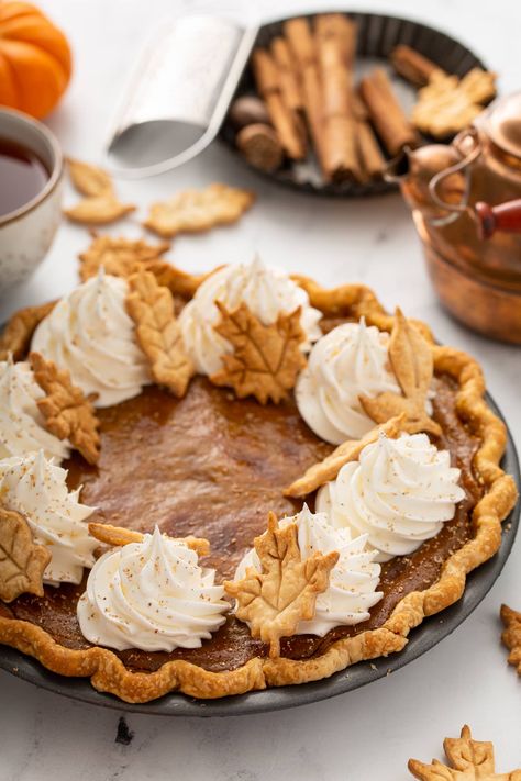 Our classic pumpkin pie totally made from scratch, from the best pie crust recipe ever to a pumpkin filling that is perfectly spiced and creamy, it is a must-make every Thanksgiving. #pumpkinpie #thanksgivingdesserts #pierecipe Best Pie Crust Recipe, Vegan Pumpkin Pie Recipe, Classic Pumpkin Pie Recipe, Classic Pumpkin Pie, Pumpkin Filling, Oh Sweet Basil, Buttery Pie Crust, Vegan Whipped Cream, Vegan Pumpkin Pie