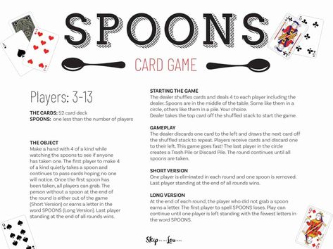 Spoons Card Game Instructions, Game Of Life And How To Play It, Spoons Game Rules, 3 To 13 Card Game, How To Play Spoons Card Game, Fun Card Games For Two, Games To Play With A Deck Of Cards, Card Game Rules Printable, Spoon Game