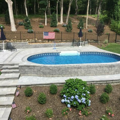 Semi Above Ground Pool, Semi Inground Pool Ideas, Radiant Pools, Semi Inground Pool, Inground Pool Landscaping, Oval Pool, Pool Deck Plans, Semi Inground Pools, Dream Backyard Pool