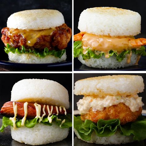 Featuring Teriyaki Salmon Burger, Shrimp Katsu Rice Burger, Shrimp Tempura Rice Burger and Japanese-Style Fried Chicken Rice Burger Rice Burger Recipe, Rice Burger, Salmon And Rice, Japanese Rice, Asian Dishes, Burger Recipes, Polenta, Salmon Burgers, I Love Food