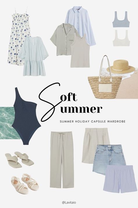 Muted Summer Capsule Wardrobe, Soft Colour Outfit, Summer Outfit Pastel, Summer Mute Cool Outfits, Pastel Colour Wardrobe, Soft Muted Outfits, Soft Summer Beachwear, Soft Summer Colour Palette Outfits, Classic Summer Color Palette Outfits