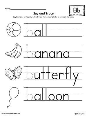 Use the Say and Trace: Letter B Beginning Sound Words Worksheet to help your preschooler practice recognizing the beginning sound of the letter B and tracing the letter. Sound Words Worksheet, Pan Balance, Kertas Kerja Prasekolah, Letter B Worksheets, Kindergarten Alphabet, Words Worksheet, Printable Alphabet Worksheets, Alphabet Kindergarten, Letter Tracing Worksheets