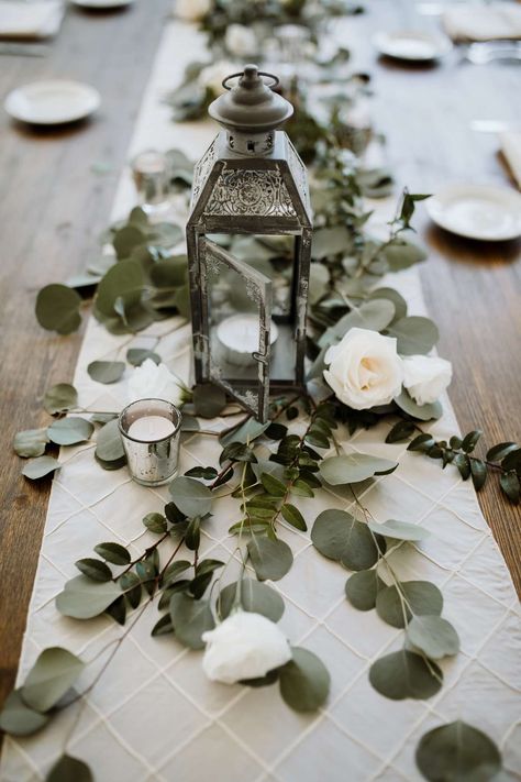 Ikea Lantern Centerpiece Wedding, Long Table Wedding Centerpieces, Small Table Centerpiece, Budget Centerpieces, Eucalyptus Flower, Vine Decoration, German Wedding, Table Garland, Tafel Decor