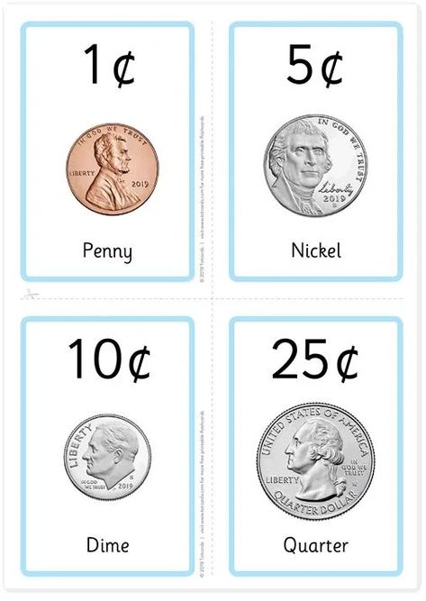 Money and Time Learning Money Kindergarten, Teaching Money Kindergarten Free Printable, Preschool Money Printables, Money Flash Cards, Learning Money For Kids Free Printable, How To Count Money, Coin Counting Worksheet, Money Songs For Kids, Coins Printable