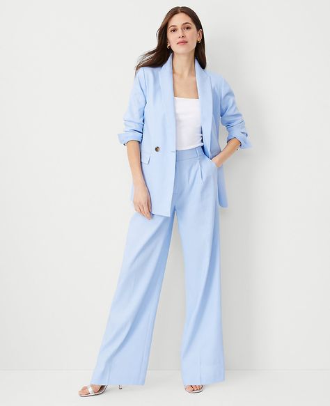 The High Rise Pleated Wide Leg Pant in Linen Twill Baby Blue Pants, Wide Leg Suit Pants, Summer Suit Women, Pencil Pant, Light Blue Pants, Trendy Suits, Womens Suits Business, Linen Suit, Summer Suits