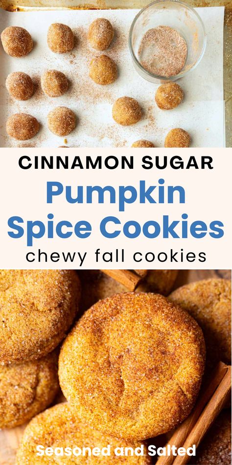 This easy pumpkin cookie recipe are the perfect addition to your fall baking lineup! These cinnamon sugar cookies with pumpkin have warm spices, and the cookie dough balls are rolled in cinnamon sugar. The pumpkin spice flavor is warm, and the chewy texture and extra moisture content is thanks to the secret ingredient: canned pumpkin puree. Happy fall or holiday baking! Pumpkin Soft Drop Cookies, Pumpkin Cookies Taste Of Home, Pumpkin Orange Cookies, Pumpkin Desserts Cookies, Pumpkin Butter Cookie Recipe, Pumpkin Brown Sugar Cookies, Pumpkin Doodle Cookies, Pumpkin Cookies Recipes Easy, Pumpkin Crinkle Cookies Recipe