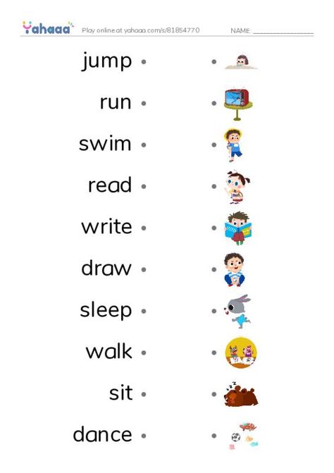 This printable worksheet is a fun and free way to practice action verbs in English. It comes in a pdf format and can be downloaded and printed for multiple uses. This resource is great for anyone looking to improve their English language skills, from beginners to more advanced learners. It includes a matching activity to help practice and improve vocabulary. Get your hands on this worksheet and start having fun with action verbs today! Esl Worksheets For Beginners, Action Verbs Worksheet, Learn English Kid, Verbs For Kids, Verbs In English, Verbs Activities, Words Worksheet, Materi Bahasa Inggris, Reading Comprehension For Kids