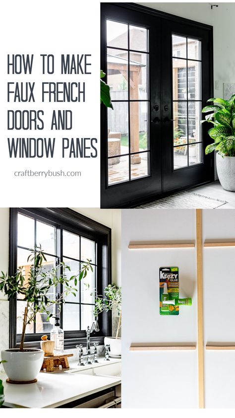 Learn how to make beautiful faux French doors and window panes. Makes your kitchen look beautiful and upscale. @krazyglue #ad Faux French Windows, Faux Window Grids Diy, Diy Faux Window Pane, Faux Window Panes Diy, Faux French Doors Diy, Diy French Windows, French Doors Interior Curtains, Window Panes Ideas, Update Old Windows