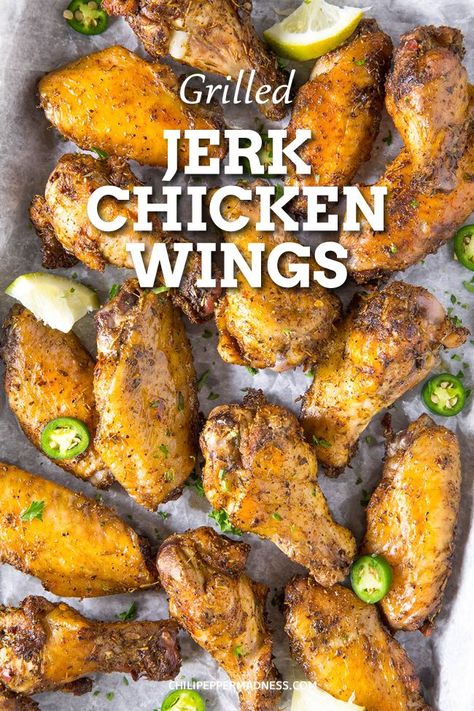 Jerk Chicken Wings Recipe, Baked Jerk Chicken, Grilled Jerk Chicken, Jerk Chicken Wings, Jerk Chicken Recipe, Chili Pepper Recipes, Jamaican Jerk Chicken, Chicken Wing Sauces, Jamaican Dishes