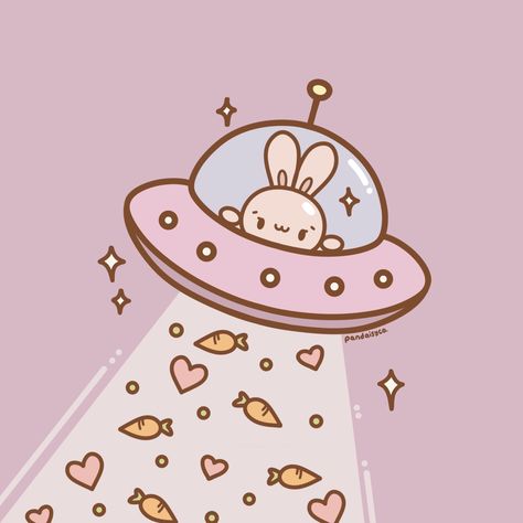 Illustration of a galactic bunny in a spaceship beaming up carrots and love. Cute Pastel Illustration, Kawaii Space Art, Cute Spaceship Drawing, Kawaii Spaceship, Cute Spaceship, Bunny In Love, Space Kawaii, Bunny Space, Bloom Aesthetic