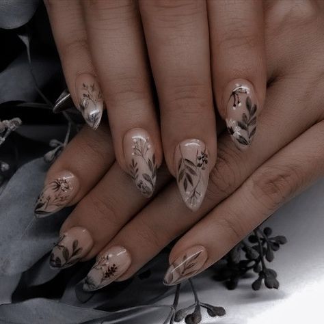 Book Themed Acrylic Nails, Dark Feminine Acrylic Nails, Dark Forest Nails, Beltane Nails, Nature Inspired Nail Art, Dark Cottagecore Nails, Hozier Inspired Nails, Enchanted Garden Nails, Fairy Theme Nails