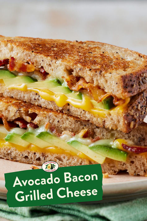 This classic grilled cheese sandwich recipe goes deluxe with the addition of fresh California Avocado and crispy bacon. Bacon Grilled Cheese Sandwich, Grilled Cheese Sandwich Recipe, Bacon Grill, Cheese Sandwich Recipe, Sandwhich Recipes, Bacon Grilled Cheese, Gourmet Grilled Cheese, Grill Cheese Sandwich Recipes, Classic Grilled Cheese