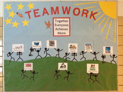 Teamwork bulletin board Teamwork Bulletin Boards, Bulletin Board Ideas For Work Offices, Team Bulletin Board, Office Bulletin Board Ideas, Recognition Board, Staff Bulletin Boards, Unique Bulletin Board Ideas, Pta Bulletin Boards, Preschool Friendship