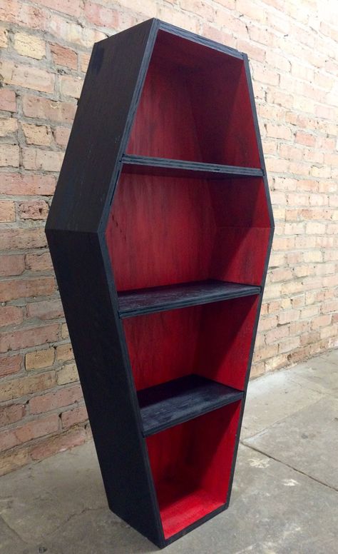 Two-Tone fire and brimstone Coffin Bookcase 4 ft tall, 2 ft at it's widest point. Painted or stained as per order.  This is a custom made item, so please allow for enough time for the creative process to take place. We aim to complete and ship 3-4 weeks after the specifics of your order have been finalized. Please keep in mind that each piece is uniquely handmade, so actual items may vary slightly from the photos listed. Also, natural imperfections in wood grain and wood materials may fluctuate, Emo Furniture, Victorian Bookshelf, Coffin Bookcase, Fire And Brimstone, Red Coffin, Coffin Shelf, Gothic Cottage, Ideas Cuarto, Gothic Decor Bedroom