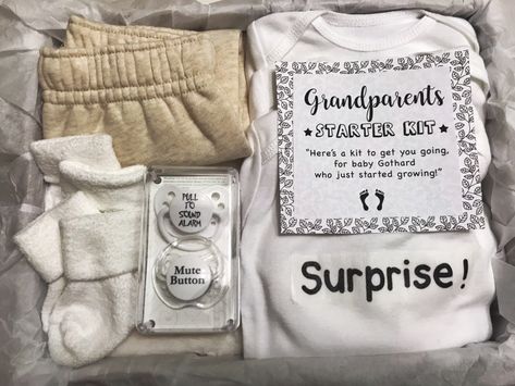 I made this little kit to announce our pregnancy to my in-laws. The hubby created the poem. So cute! Love how it turned out. Items include: Baby blanket, baby onesies (hello grandma, hello grandpa, and surprise), baby socks, pacifiers, and a little poem. @missgeorginag First Pregnancy Announcements, Baby Announcement Grandparents, Baby Surprise Announcement, Baby Announcement To Parents, Pregnancy Announcement To Parents, Surprise Pregnancy Announcement, Baby Announcement To Husband, Creative Pregnancy Announcement, Fun Baby Announcement