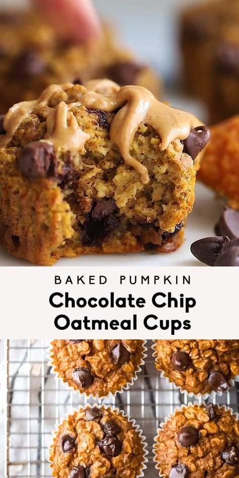 Baked pumpkin oatmeal cups made with your favorite nut butter, cozy spices, oats, pure maple syrup and chocolate chips. These easy pumpkin oatmeal cups have a boost of protein and are are naturally sweetened. Freezer-friendly and perfect for meal prep breakfasts and snacks! #bakedoatmeal #pumpkinrecipes #oatmeal #mealprep #breakfast #healthysnack Chocolate Chip Oatmeal Cups, Meal Prep Breakfasts, Easy Pumpkin Oatmeal, Mealprep Breakfast, Oatmeal Baked, Baked Pumpkin Oatmeal, Puree Recipes, Snacks Chocolate, Hummus Wrap