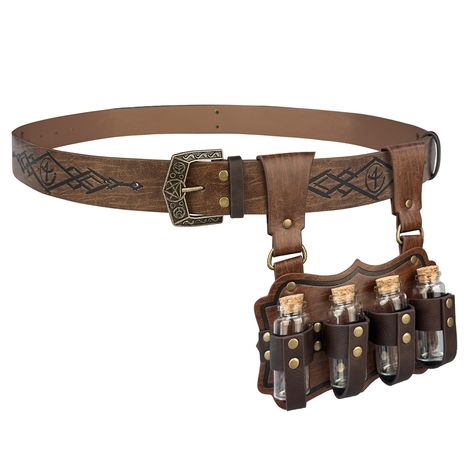 PRICES MAY VARY. COOL DESIGN- Featuring fantasy embossing for a distinctive and magical look, this belt comes equipped with four glass potion bottles, ideal for storing small amounts of liquids or small accessories. Each bottle is securely fastened yet easily accessible. The belt is sure to stand out on any adventure. GRADE FAUX LEATHER- Handcrafted with the atmosphere of the times, premium faux leather but has the feel of genuine leather, cheaper and more protective than genuine leather. We lov Fantasy Clothing Accessories, Fantasy Utility Belt, Thigh Knife Holster, Alchemy Belt, Fantasy Belt, Knife Holster, Leather Utility Belt, Medieval Belt, Fantasy Wizard