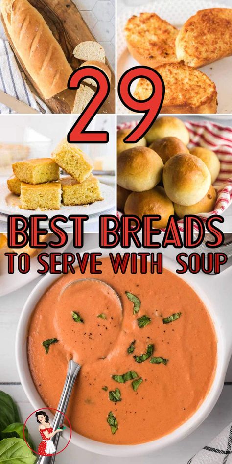 Looking for the best breads to go with your cozy soup dinner? Here are 29 great ideas! From cornbread to biscuits, these recipes are easy to make. Think of the delicious smell of freshly baked bread filling your kitchen, perfect for chilly days and comforting soups and stews. Bread To Dip In Soup, Bread For Soup Recipe, Good Bread For Soup, Homemade Bread To Go With Soup, Breads To Go With Soup, Bread With Soup Ideas, Best Bread To Serve With Soup, Best Bread To Go With Soup, Bread Soup Bowls Easy Recipes