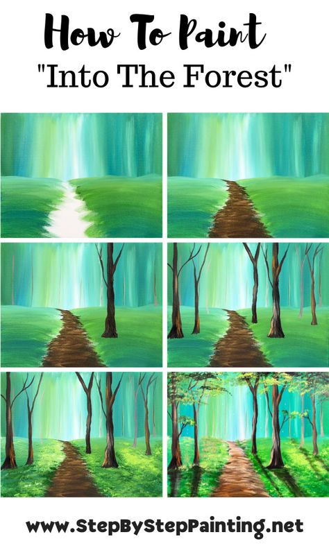 Canvas Painting Trees Easy, Easy Forrest Drawing, Easy Beginner Acrylic Paintings, Simple Art Acrylic, Acrylic Paint Beginner Ideas, Simple Woods Painting, Landscape Painting Ideas On Canvas For Beginners, Painting Instructions Step By Step, Forest Painting Tutorial Step By Step