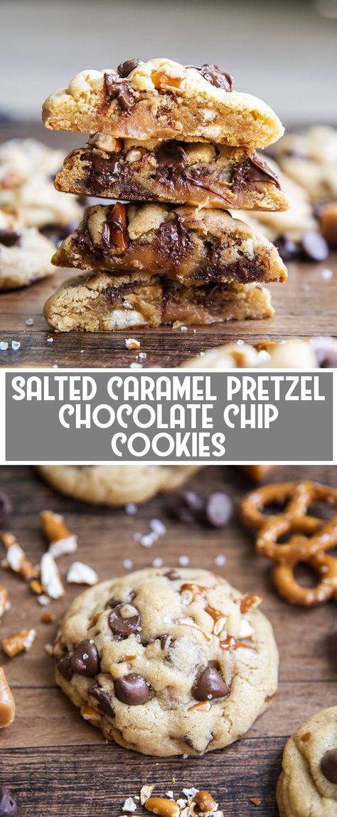 Fall Stuffed Cookies, Stuffed Cookie Recipes, Pretzel Chocolate Chip Cookies, Caramel Pretzel Cookies, Pretzel Chocolate, Desserts Quick, Pretzels Chocolate, Salted Caramel Pretzels, Salty Cookies