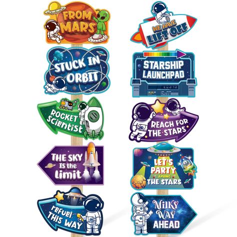 PRICES MAY VARY. 🚀SPACE SIGNS- Outer space birthday party supplies set contains 20 pieces of space sign decorations in 10 different designs, each piece contains 2 pieces, enough quantity to add glam, energy and innocence to your house. (Note: Wooden stand not provided) 🚀CUTE PATTERNS AND FUNNY SLOGANS - The solar system game signs is full of technology themes, featuring outer space elements such as rockets, astronauts, planets, aliens, etc., combined with different tones such as blue, green, g Space Week Decorations, Solar System Decorations, Solar System Games, Spaceship Room, Space Theme Decorations, Game Signs, 2023 Classroom, Chaturthi Decoration, Sign Decorations