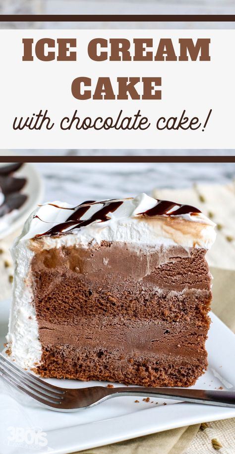 This Chocolate Ice Cream Cake Recipe is so fast and easy to make. If you're in the market for an easy homemade ice cream cake recipe, don't miss out on this! #icecreamcake #easycakerecipe #chocolatecake #3boysandadog Smores Ice Cream Recipe, Easy Icecreamcake Homemade, Chocolate Ice Cream Cake Recipe, Chocolate Fudge Ice Cream Cake, Coffee Ice Cream Cake With Oreo Crust, Ice Cream Cake Recipe Homemade, Fudge Ice Cream Cake, Ice Cream Cake Cold Stone, Cheesecake Ice Cream Recipe