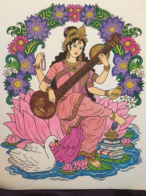 Saraswati Painting, Music Science, Goddess Of Knowledge, Buddha Art Drawing, Easy Mandala Drawing, Boho Art Drawings, Mandala Art Therapy, Hindu Goddess, Meaningful Drawings