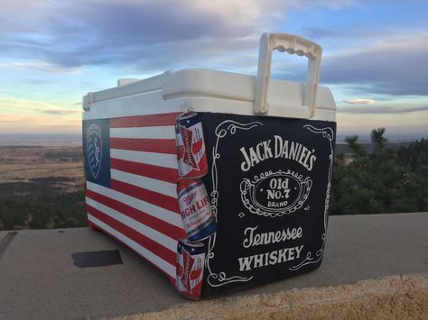 Painted American Flag on the sides, with the lyrics to Dixieland Delight+call outs on the bars, Unc Frat Cooler, Nashville Cooler, Painted Coolers For Guys, Nashville Formal, Sae Cooler, Ka Cooler, Cooler Formal, Nola Formal, Painted Fraternity Coolers