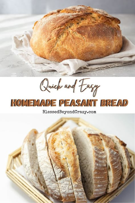 Two different loaves of delicious homemade peasant bread. One loaf is displayed on a folder towel and the other is sliced and in a cute basket ready to serve. Easy Yeast Bread Recipes, Peasant Bread Recipe, Best Bread Recipes, Homemade Brioche, Peasant Bread, Chocolate Recipes Easy, French Bread Recipe, Best Bread, Pumpkin Chocolate Chip Bread