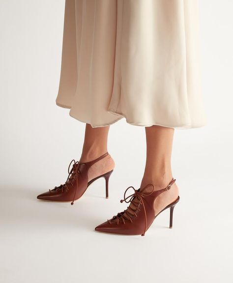 Alessandra 85mm Brown Slingback Heels | Malone Souliers Malone Souliers, Slingback Heels, Slingback Shoes, Slingbacks, Slingback Heel, The Test, V Cuts, Uk Fashion, Nappa Leather