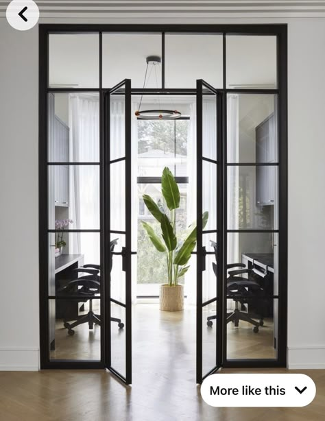 Office Doors For Home, Dining Room To Office, Glass Office Doors, Walls Interior Design, Glass Wall Office, Home Office Doors, Glass Wall Design, Small Home Offices, Glass Office