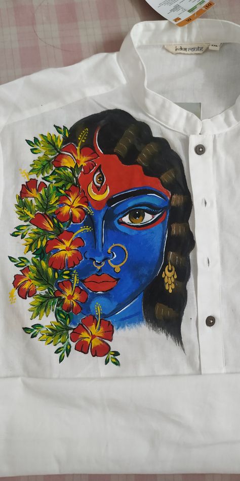 Fabric paint on cotton shirt T Shirt Painting Ideas Acrylics, T Shirt Art Painting, Kulo Art, Punjabi Art, Ma Kali, Fabric Paint Shirt, Kali Maa, Saree Painting Designs, Painted Toms