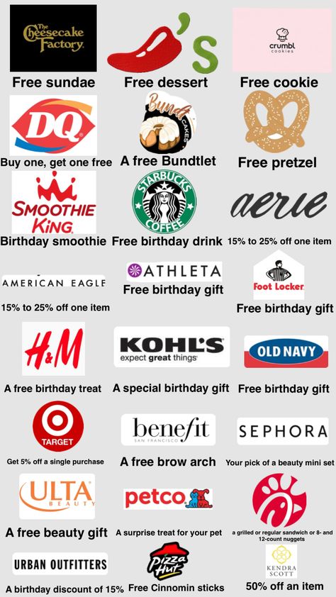 BIRTHDAY FREEBIES Freebies On Your Birthday, Birthday Hacks, Free Birthday Gifts, Satin Nightwear, Birthday Freebies, Cute Birthday Ideas, Cute Gifts For Friends, Fun Sleepover Ideas, Birthday Party For Teens