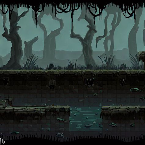 tilemap swamp game horror plataform 2d - Criador de Imagens Swamp Background Art, Horror Game Design, Pixel Art Horror Game, 2d Game Concept Art, 2d Horror Game, Horror Game Concept Art, Horror Game Background, Pixel Horror Game, Western Horror