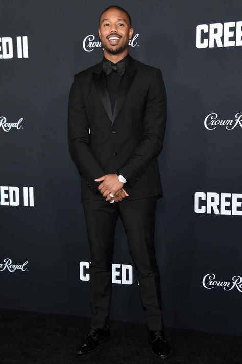 WHAT Givenchy WHERE At the premiere of Creed II in New York WHEN November 14 2018 WHY Nothing wrong with all black... Guys Prom Outfit, Black Prom Suits, Boy Prom Outfit, Prom Outfits For Guys, All Black Suit, Prom For Guys, Prom Suits For Men, Black Outfit Men, Black Suit Men